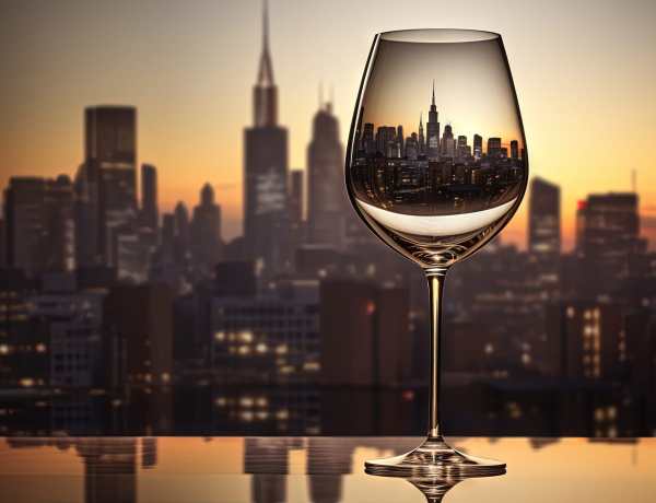 a glass of wine with a city skyline in the background. generative ai