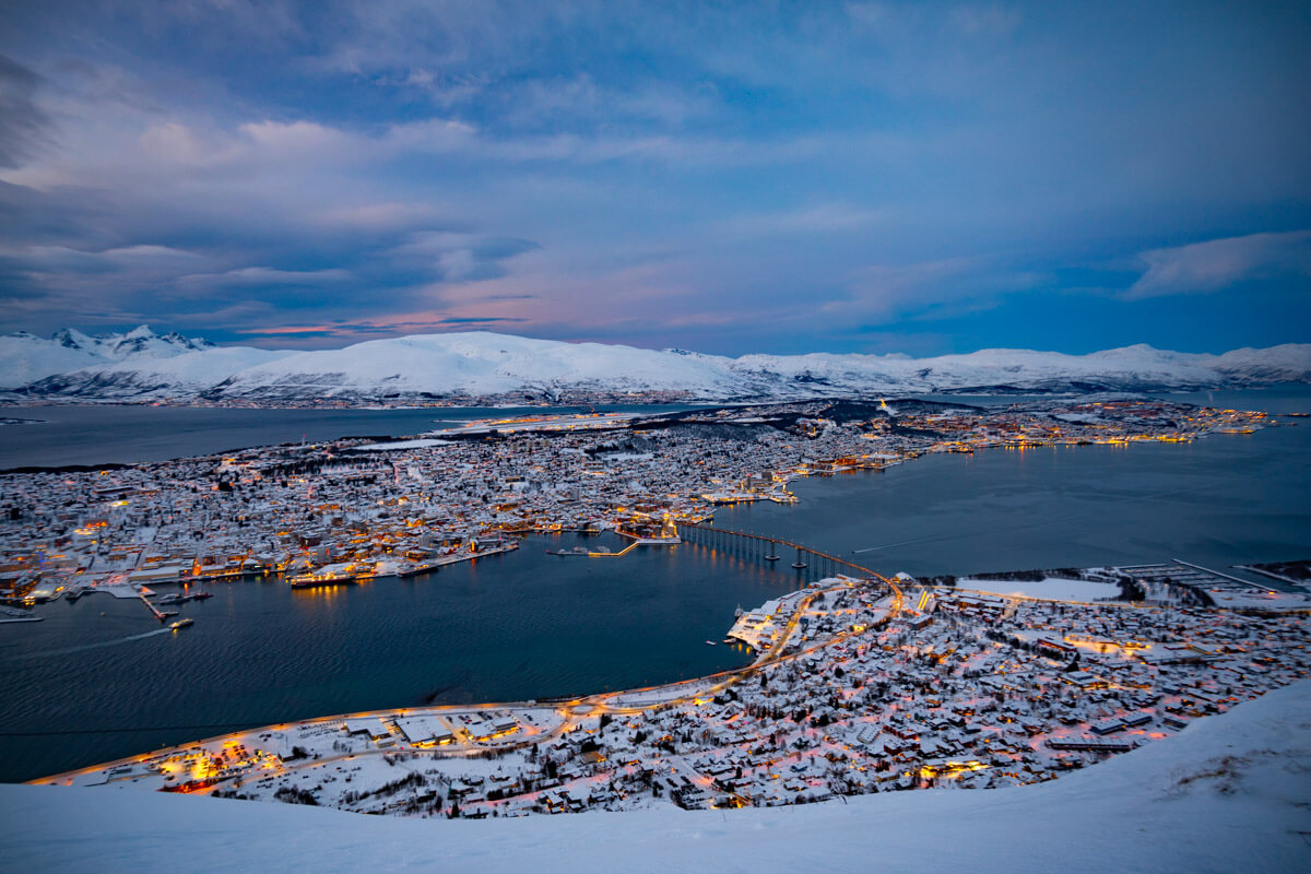 night view over Tromso, Norway from the Fjellheisen cable car, one of the best sights in Tromso
