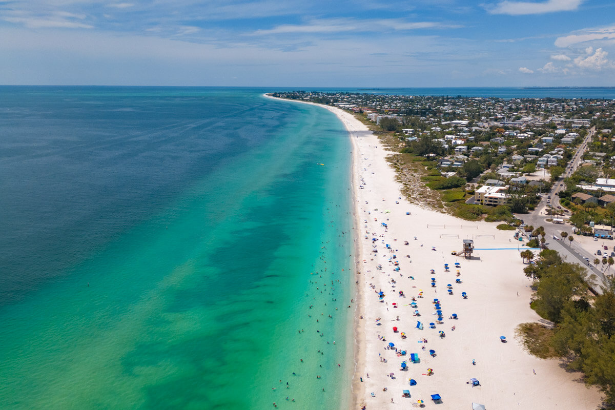 drone view of the beautiful sandy beaches on Anna Maria Island in Florida